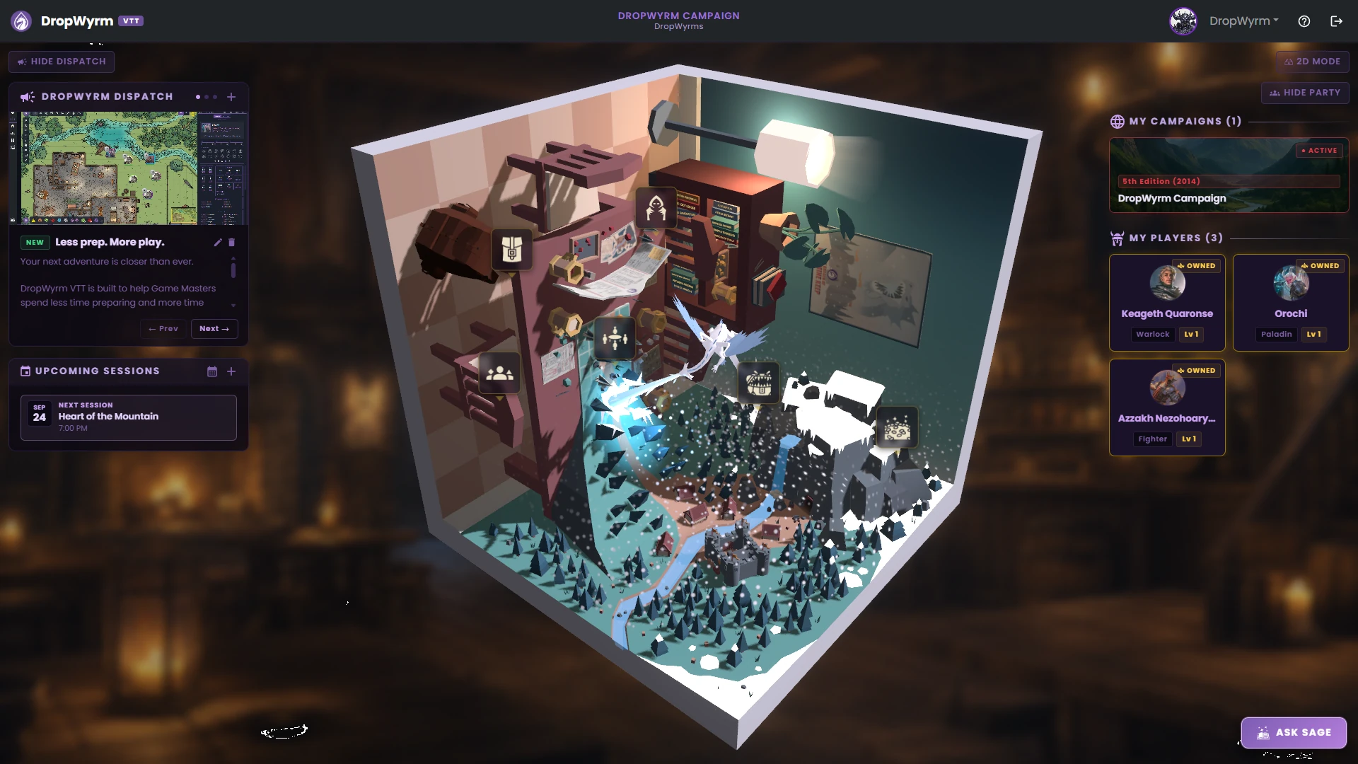 The DropWyrm VTT campaign view: an isometric 3D map of a tavern opening onto a winter village, with the campaign dispatch and upcoming session on the left, the party roster on the right, and SAGE on call.